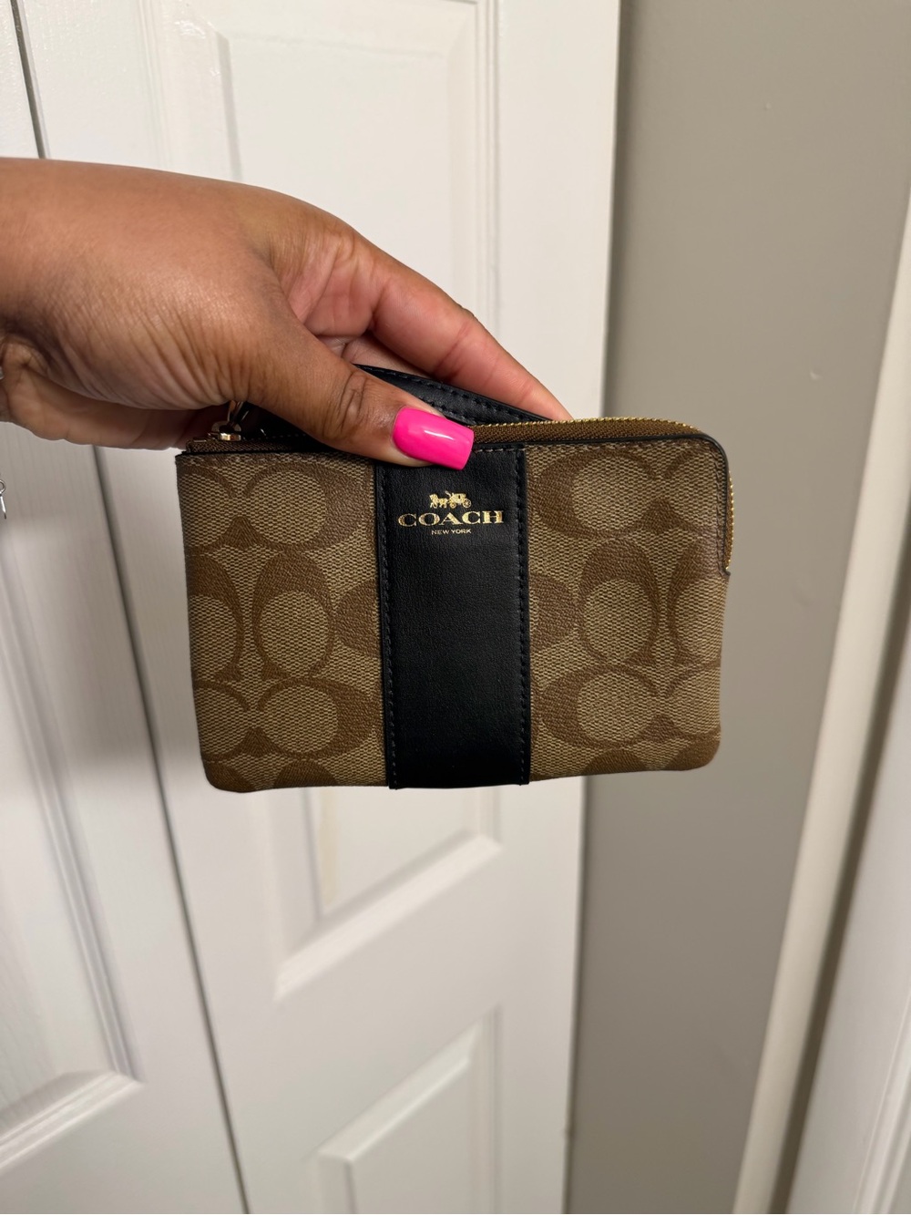 Coach Brown Signature Canvas Zip Card Case with Black Stripe